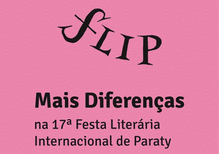 A imagem mostra a palavra Flip em letras pretas sobre um fundo rosa. Ao lado, está o texto Mais Diferenças na 17a. Festa Literária Internacional de Paraty